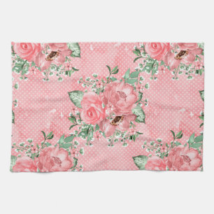 Paño De Cocina Acuarela shabby chic rosas rosadas y lunares