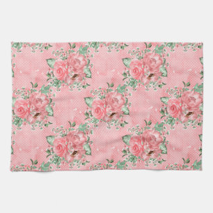 Paño De Cocina Acuarela Shabby Chic Rosas Rosadas y Lunares