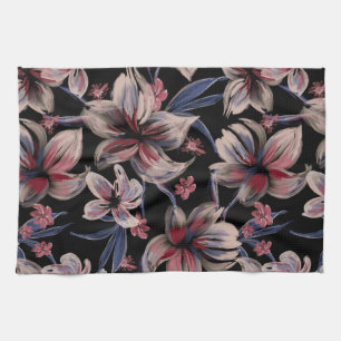 Paño De Cocina Acuarelas Crimson Floral sobre negro