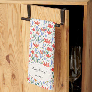Paño De Cocina Acuarelas de flores silvestres en rojo y azul dulc