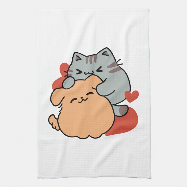 Paño De Cocina Adorable Cat and Dog Hug - Diseño de Meow & Woof (Vertical)