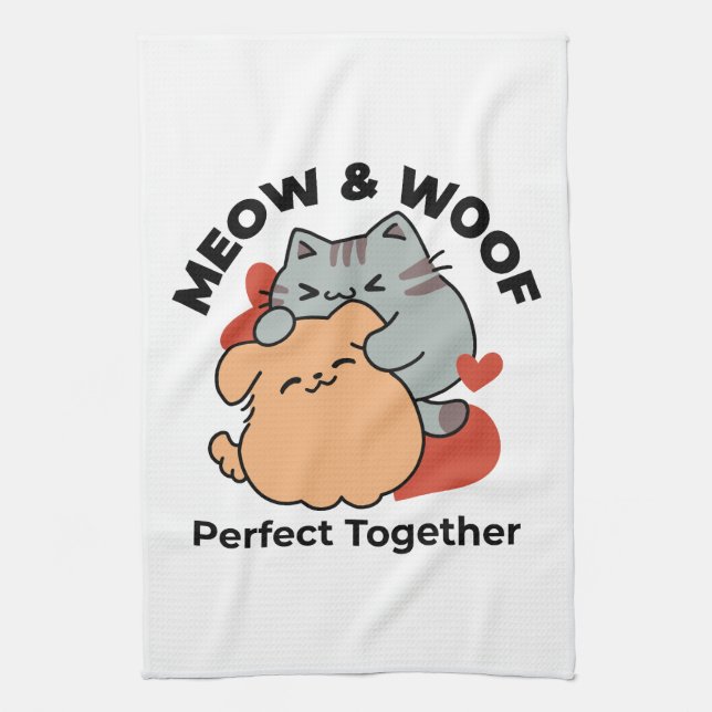 Paño De Cocina Adorable Cat and Dog Hug - Diseño de Meow & Woof (Vertical)