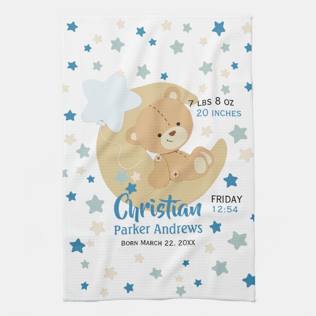 Paño De Cocina Adorable Teddy Bear Baby Boy Estadísticas de Nacim (Vertical)