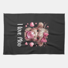 Paño De Cocina Adorable Valentine Highland Cow (texto blanco)