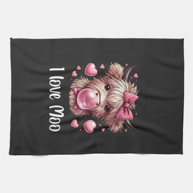 Paño De Cocina Adorable Valentine Highland Cow (texto blanco) (Horizontal)