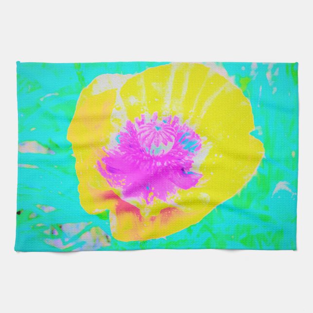 Paño De Cocina Adormidera amarilla con centro rosado caliente en  (Horizontal)