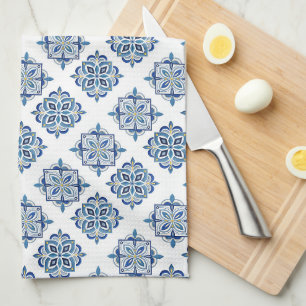 Paño De Cocina Adorno bordado azul sobre blanco