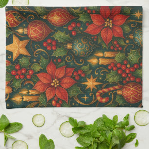 Paño De Cocina Adorno de Navidad vintage de Poinsettia y Acebo