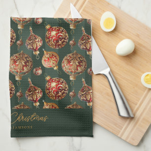 Paño De Cocina Adornos Navideños Rojos y Dorados Elegantes Tradic