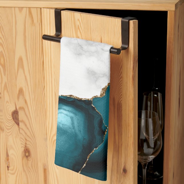 Paño De Cocina Agante azul Verde azulado dorado de mármol blanco (Pliegue de tercios)