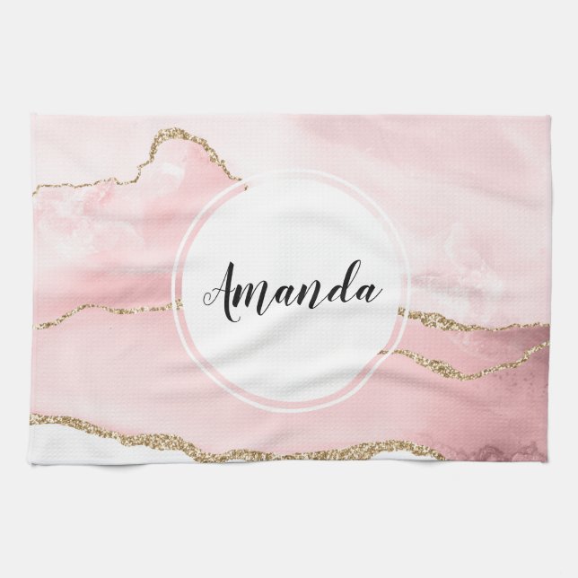 Paño De Cocina Agante Rubor rosa con cinta dorada elegante (Horizontal)