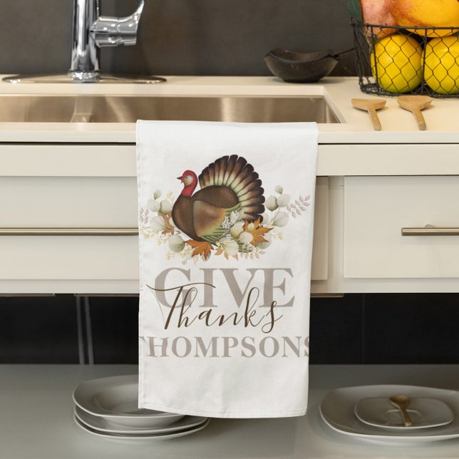 Paño De Cocina Agradecimiento de otoño personalizado (Give thanks holiday turkey personalized kitchen towel)