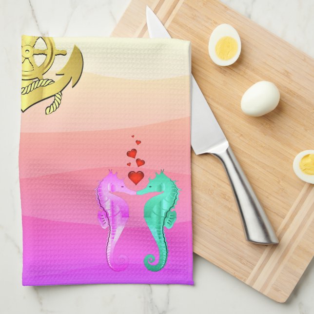 Paño De Cocina Agua náutica/caballitos de mar rosados/besos/baño  (Doblado Cuarto)