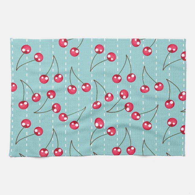 Paño De Cocina Aguamarina linda azul y modelo rojo de las cerezas (Horizontal)