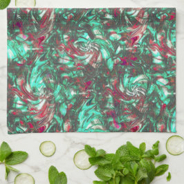 Paño De Cocina Aguamarina y rojo manchados, sucios de negro oscur