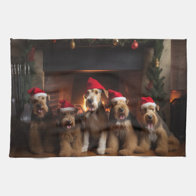 Paño De Cocina Airedale por los Navidades de la chimenea (Horizontal)