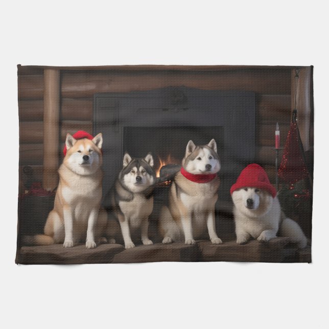 Paño De Cocina Akita junto a la chimenea Navidad (Horizontal)
