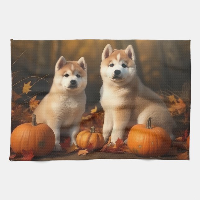 Paño De Cocina Akita Puppy Calabaza deslumbrante de otoño (Horizontal)