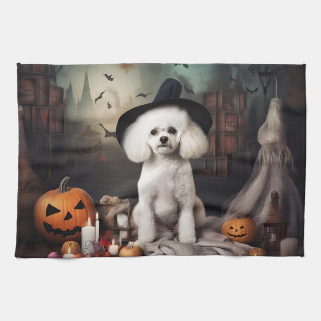 Paño De Cocina Alarma de Halloween de Bichon Frise Pumpkins (Horizontal)