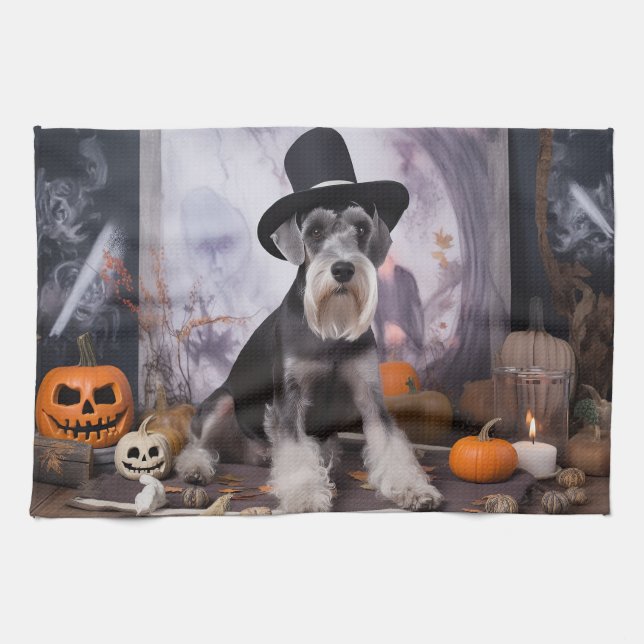 Paño De Cocina Alarma de Halloween en las calabazas de Schnauzer  (Horizontal)