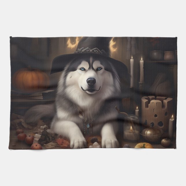 Paño De Cocina Alaskan Malamute calza calabazas de Halloween (Horizontal)