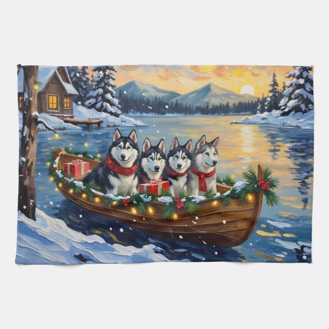 Paño De Cocina Alaskan Malamute Christmas Boat Holiday (Horizontal)