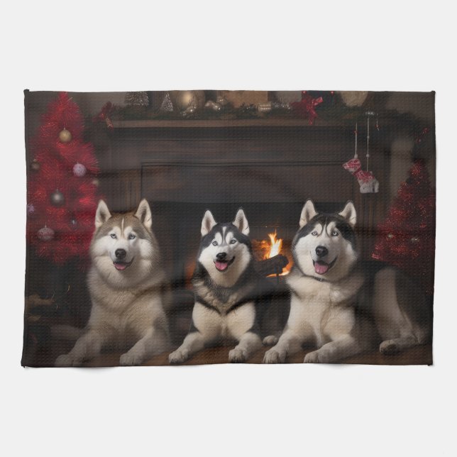 Paño De Cocina Alaskan Malamute junto a los Navidades de la chime (Horizontal)