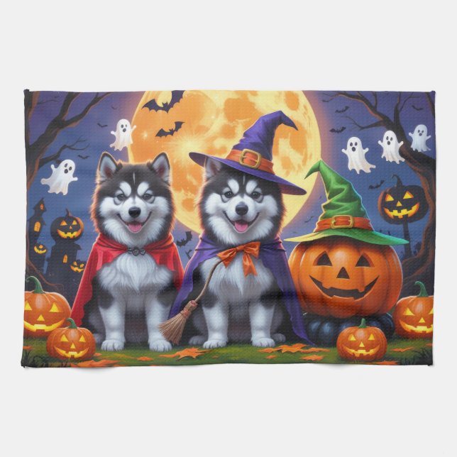 Paño De Cocina Alaskan Malamute Perros Calabaza Halloween Funny (Horizontal)