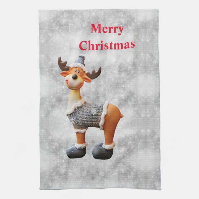 Paño De Cocina Alce de Navidad feliz que lleva un sombrero        (Vertical)