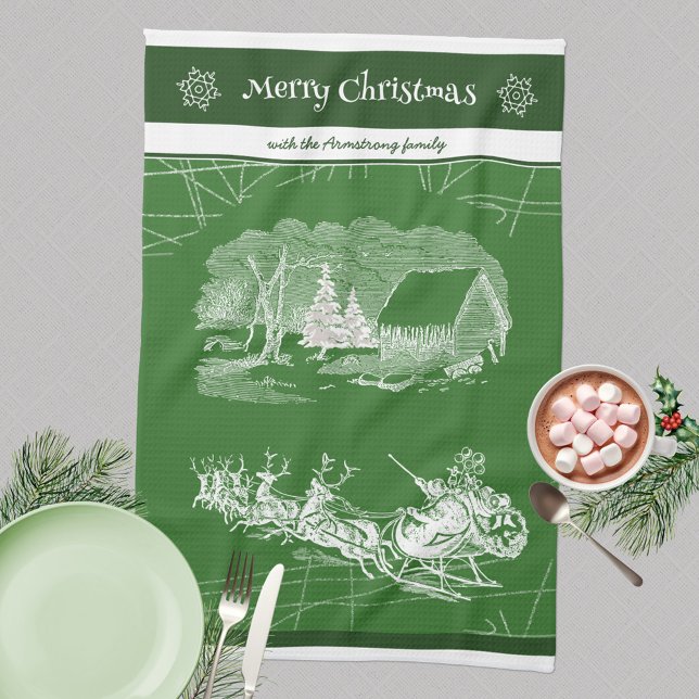 Paño De Cocina Alegre estilo navideño de Papá Noel Verde (Merry Christmas 🎅🏻 Santa Sleigh Reindeers Green Kitchen Towel ©Susanne Sachers - Sunny Mind Design)