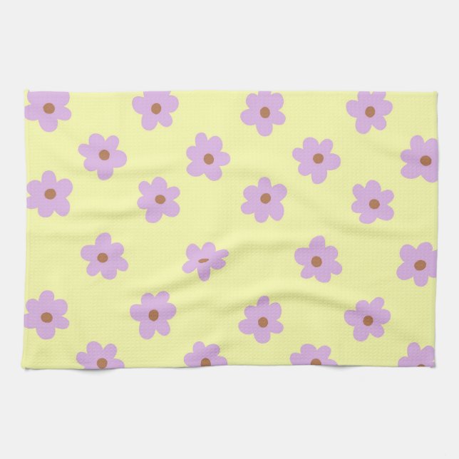 Paño De Cocina Alegre Retro Floral Amarillo Púrpura y Brillante (Horizontal)