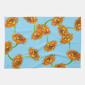 Paño De Cocina Alegres Marigolds Naranjas sobre Botánico Azul Cie