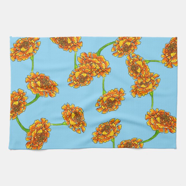 Paño De Cocina Alegres Marigolds Naranjas sobre Botánico Azul Cie (Horizontal)