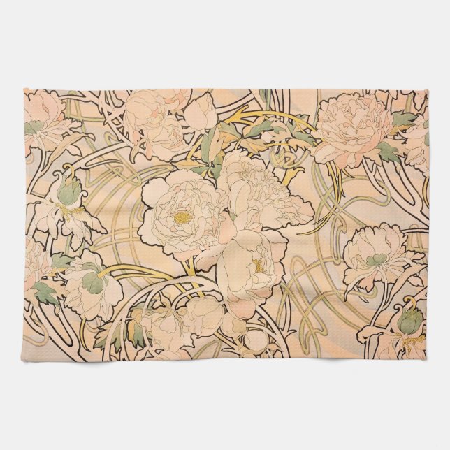 Paño De Cocina Alfonse Mucha Art Nouveau Peonies (Horizontal)