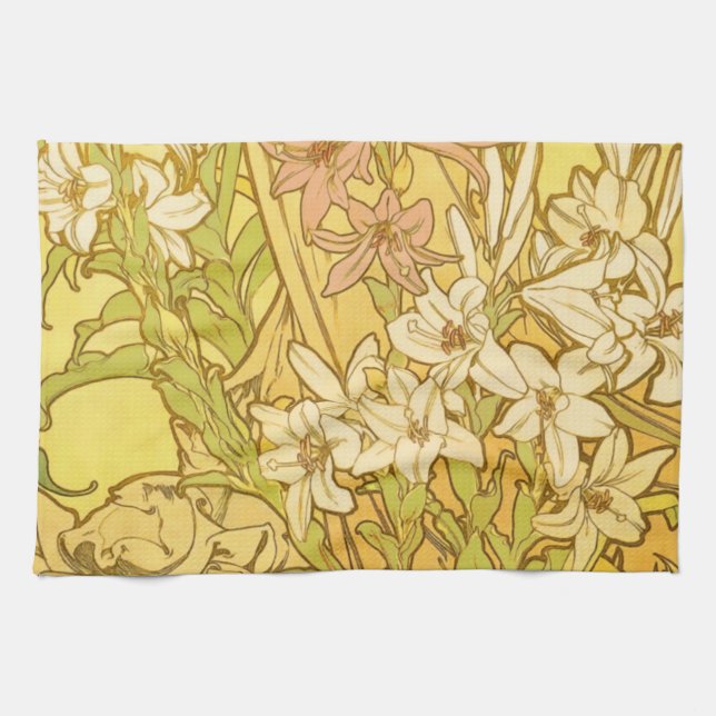 Paño De Cocina Alfonse Mucha Flores de lirio Art Nouveau (Horizontal)