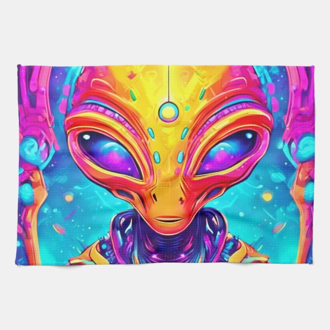 Paño De Cocina Alien del ciborg galáctico con brillo neón (Horizontal)