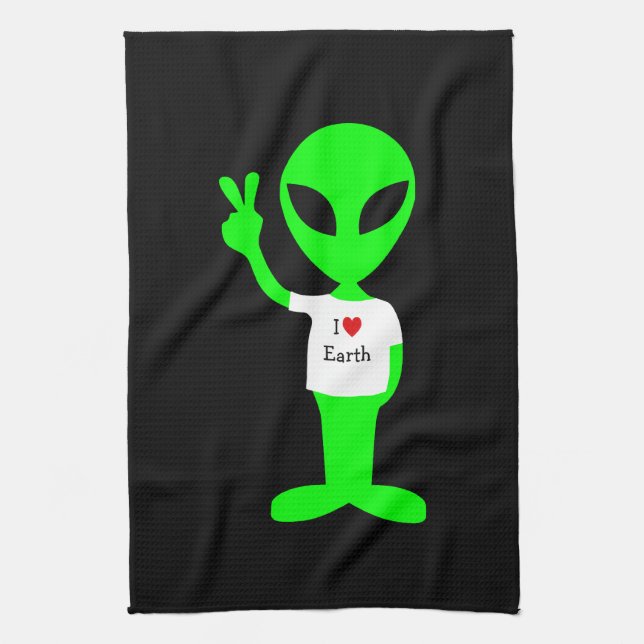 Paño De Cocina Alienígena Verde "I Love Earth" (Vertical)