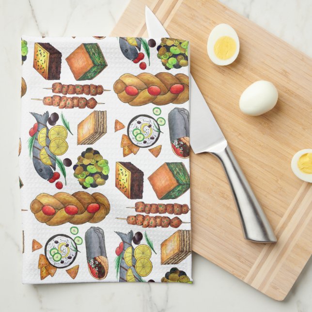 Paño De Cocina Alimentos mediterráneos griegos Imprimir cocina gr (Doblado Cuarto)