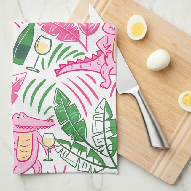 Paño De Cocina Alligator Wine Pink Green Preppy (Doblado Cuarto)