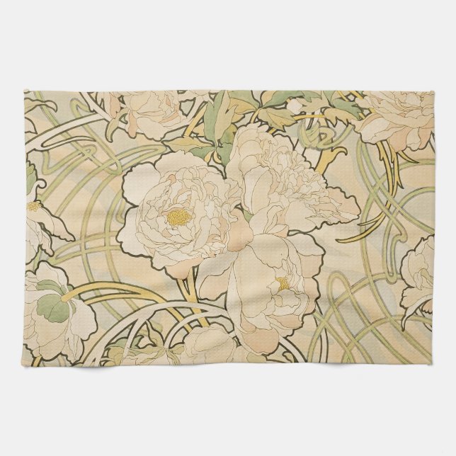 Paño De Cocina Alphonse Mucha Peonies Peony Rosas Fawn 1897 (Horizontal)