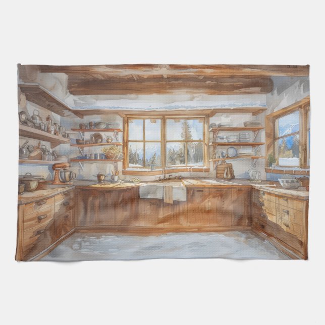 Paño De Cocina Alpine Chalet Kitchen with Snowy Mountain View (Horizontal)