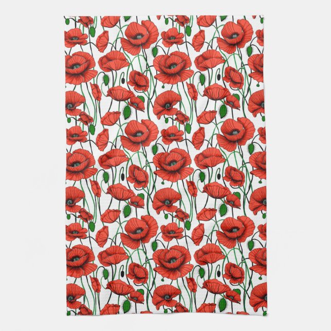 Paño De Cocina Amapolas rojas en un campo sobre blanco (Vertical)