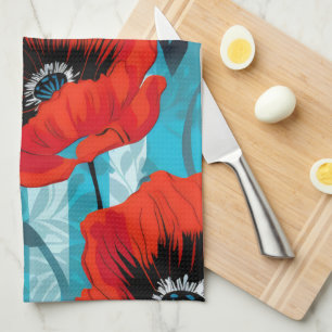Paño De Cocina Amapolas rojas y rayas azules