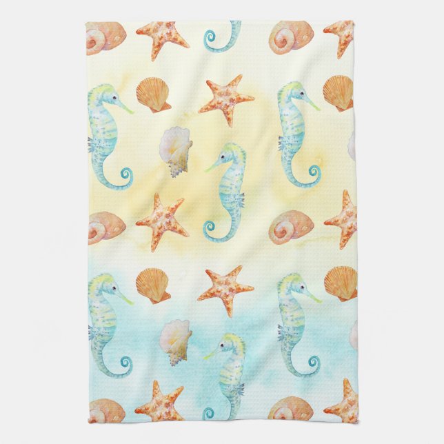 Paño De Cocina Amarillo Aqua Seahorse Starfish Shells Beach (Vertical)