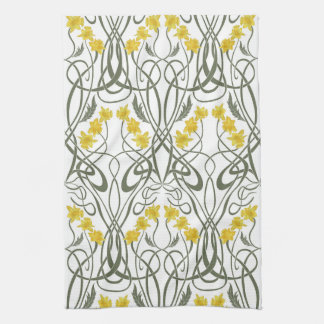 Paño De Cocina Amarillo Art Nouveau Narcisos y Tallos Blanco