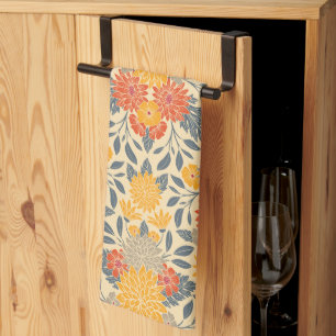 Paño De Cocina Amarillo cálido, Naranja y floral azul