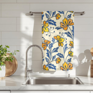 Paño De Cocina Amarillo Naranja Floral Folclórico Azul Hoja Vinta