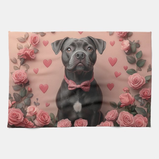 Paño De Cocina American Staffordshire con Rosas - El día de San V (Horizontal)