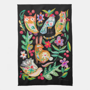 Paño De Cocina Amigos de los animales florales del arte folclóric