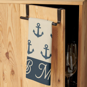 Paño De Cocina Ancla azul marino con costa monogramo beige